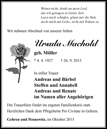 Traueranzeige von Ursula Machold von Südthüringer Presse