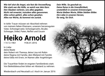 Traueranzeige von Heiko Arnold von Südthüringer Presse