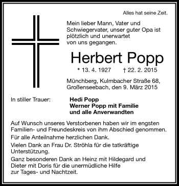 Traueranzeige von Herbert Popp von Frankenpost