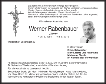 Traueranzeige von Werner Rabenbauer von Frankenpost