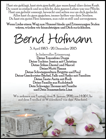 Traueranzeige von Bernd Hofmann von Südthüringer Presse