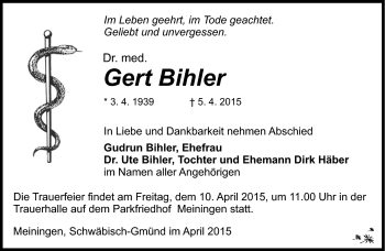 Traueranzeige von Gert Bihler von Südthüringer Presse