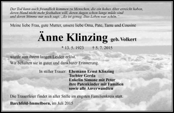 Traueranzeige von Änne Klinzing von Südthüringer Presse