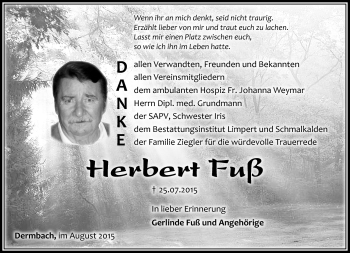 Traueranzeige von herbert Fuß von Südthüringer Presse
