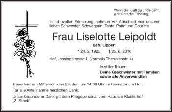 Traueranzeige von Liselotte Leipoldt von Frankenpost