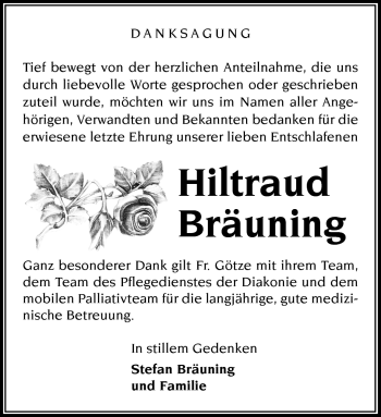 Traueranzeige von Hiltraud Bräuning von Südthüringer Presse