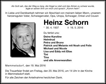 Traueranzeige von Heinz Schorn von Neue Presse Coburg