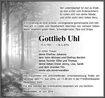 Traueranzeige von Gottleib Uhl von Südthüringer Presse