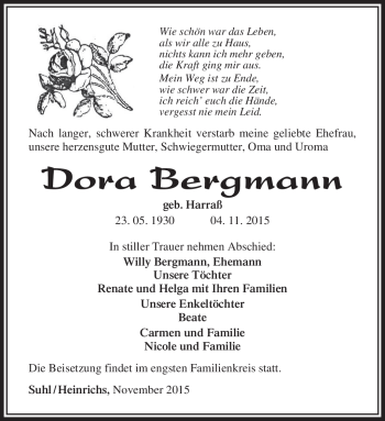 Traueranzeige von Dora Bergmann von Südthüringer Presse