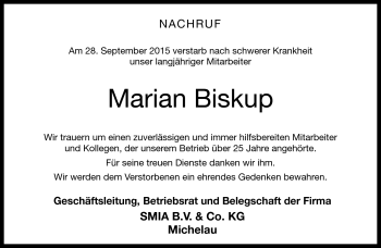 Traueranzeige von Marian Biskup von Neue Presse Coburg
