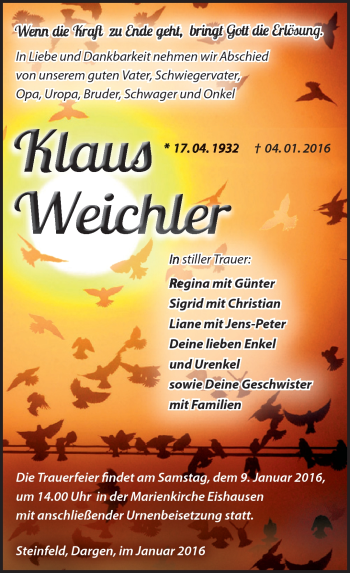 Traueranzeige von Klaus Weichler von Südthüringer Presse