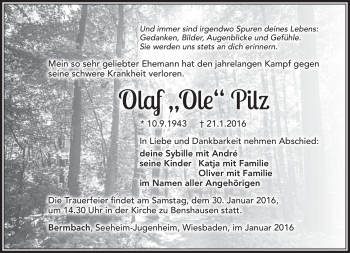 Traueranzeige von Olaf Pilz von Südthüringer Presse