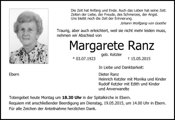 Traueranzeige von Margarete Ranz von Neue Presse Coburg