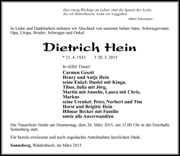 Traueranzeige von Dietrich Hein von Südthüringer Presse