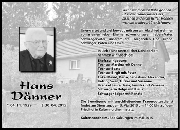 Traueranzeige von Hans Dänner von Südthüringer Presse