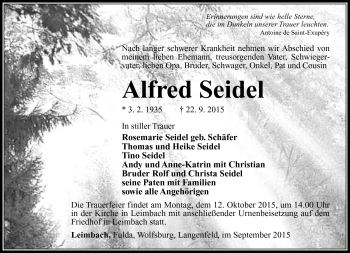 Traueranzeige von Alfred Seidel von Südthüringer Presse