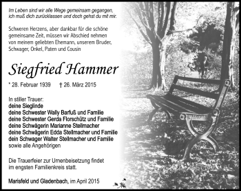 Traueranzeige von Siefried Hammer von Südthüringer Presse