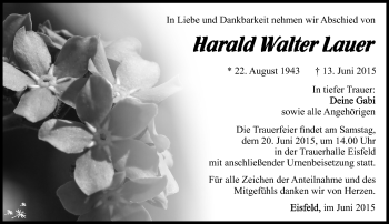 Traueranzeige von Harald Lauer von Südthüringer Presse