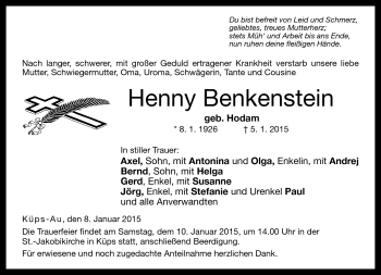 Traueranzeige von Henny Benkenstein von Neue Presse Coburg