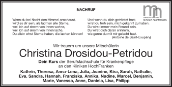 Traueranzeige von Christina Drosidou von Frankenpost