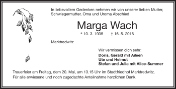 Traueranzeige von Marga Wach von Frankenpost