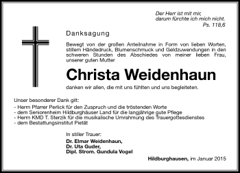 Traueranzeige von Christa Weidenhaun von Südthüringer Presse