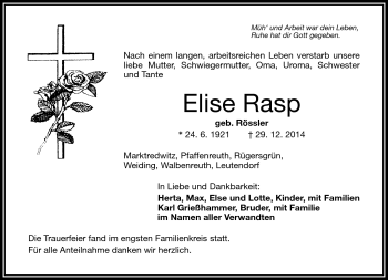 Traueranzeige von Elise Rasp von Frankenpost