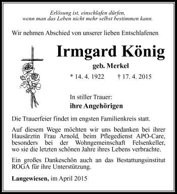 Traueranzeige von Irmgard König von Südthüringer Presse
