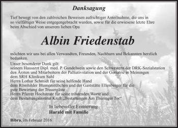 Traueranzeige von Albin Friedenstab von Südthüringer Presse