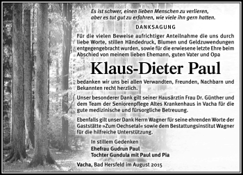 Traueranzeige von Klaus-Dieter Paul von Südthüringer Presse