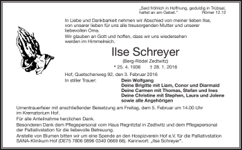 Traueranzeige von Ilse Schreyer von Frankenpost