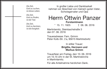 Traueranzeige von Ottwin Panzer von Frankenpost