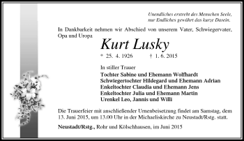 Traueranzeige von Kurt Lusky von Südthüringer Presse