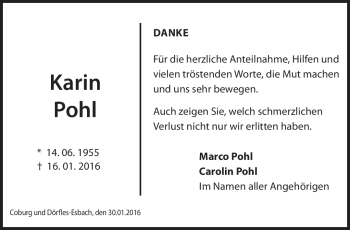 Traueranzeige von Karin Pohl von Neue Presse Coburg