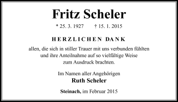 Traueranzeige von Fritz Scheler von Südthüringer Presse