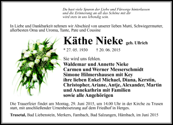 Traueranzeige von Käthe Nieke von Südthüringer Presse