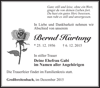 Traueranzeige von Bernd Hartung von Südthüringer Presse