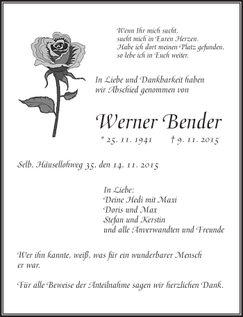 Traueranzeige von Werner Bender von Frankenpost