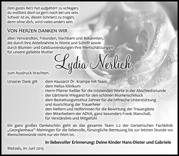Traueranzeige von Lydia Nerlich von Südthüringer Presse