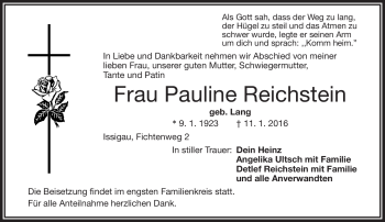 Traueranzeige von Pauline Reichstein von Frankenpost