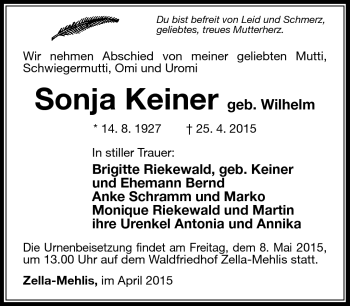 Traueranzeige von Sonja Keiner von Südthüringer Presse