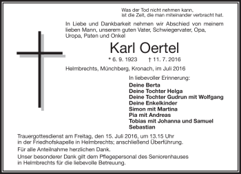 Traueranzeige von Karl Oertel von Frankenpost