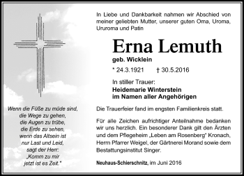 Traueranzeige von Erna Lemuth von Südthüringer Presse