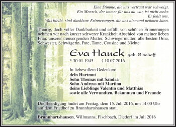 Traueranzeige von Eva Hauck von Südthüringer Presse