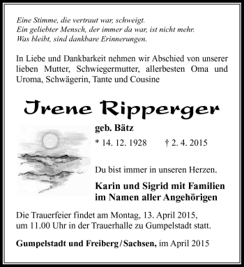 Traueranzeige von Irene Ripperger von Südthüringer Presse