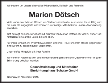 Traueranzeige von Marion Dötsch von Südthüringer Presse