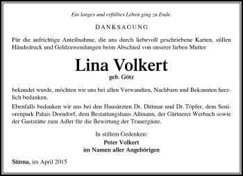 Traueranzeige von Lina Volkert von Südthüringer Presse