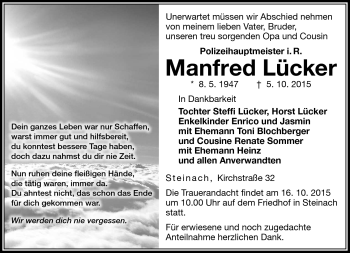 Traueranzeige von Manfred Lücker von Südthüringer Presse