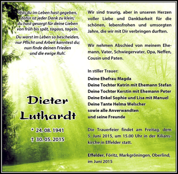 Traueranzeige von Dieter Luthardt von Südthüringer Presse