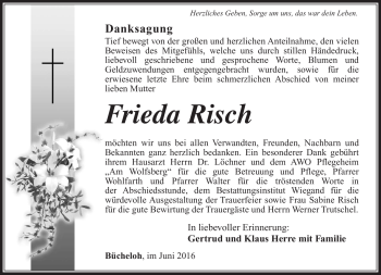 Traueranzeige von Frieda Risch von Südthüringer Presse